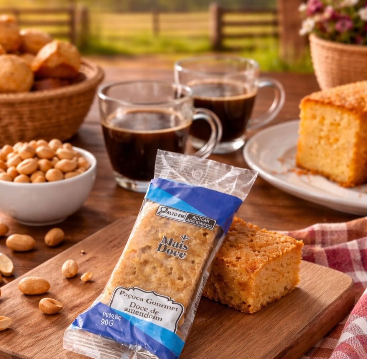 Paçoca gourmet Mais Doce e bolo caseiro em mesa rústica