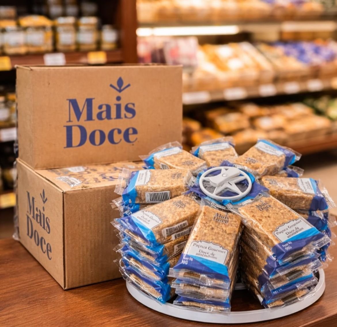 Caixas e pacotes de paçoca gourmet Mais Doce em exposição de loja
